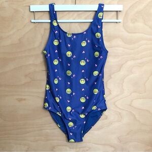 GAP Girls Blue One-Piece Swimsuit with Yellow Emoji and Pink Hearts Sz M.